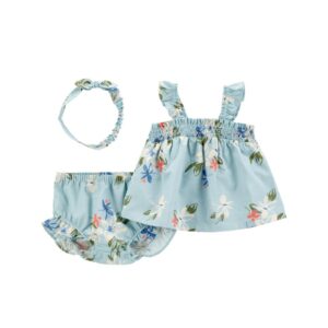 Conjunto curto bebê 2 peças + faixa de cabelo babados floral azul | Carter's
