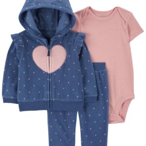 Conjunto longo bebê 3 peças fleece capuz bichinho coração babados multicor | Carter's