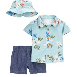 Conjunto curto bebê 3 peças floral jeans com bucket hat multicor | Carter's