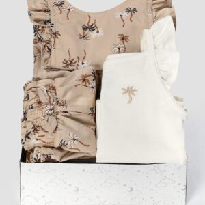 Kit conjunto curto bebê 3 peças com babados coqueiro + caixa de presente P nuvens multicor | Carter's