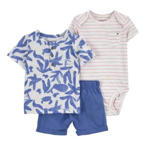 Conjunto curto bebê 3 peças folhagens e listras multicor | Carter's