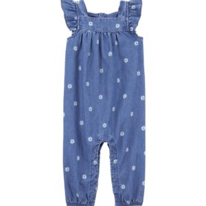 Macacão jeans bebê com babados floral denim médio | Carter's