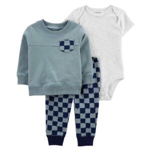 Conjunto longo de moletom bebê  3 peças xadrez azul | Carter's