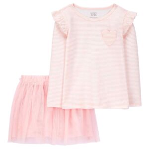 Conjunto curto infantil 2 peças listrada com babados em tule rosa | Carter's