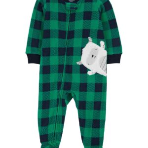 Macacão pijama infantil fleece pézinhos xadrez monstrinho verde | Carter's