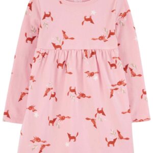 Vestido infantil com manga longa raposa rosa | Carter's