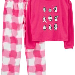 Pijama longo infantil 2 peças fleece xadrez pinguim rosa | Carter's